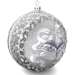 Set of 4 silver Christmas balls "Bullfinches, Snowflakes, Bells and a Happy childhood"